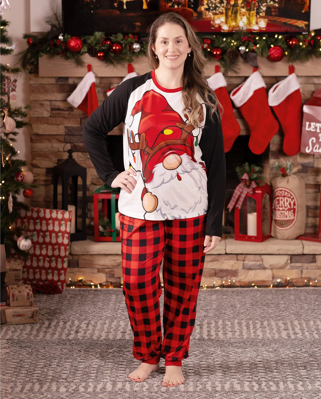 PatPat Family Matching Christmas Pajamas Gnome & Plaid Print Red