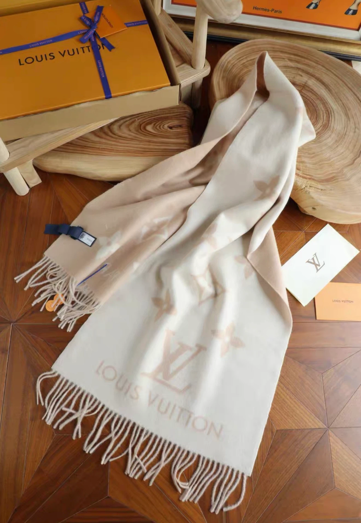 Reversible Cream Beige Monogram Cashmere Winter Scarf with Tassels