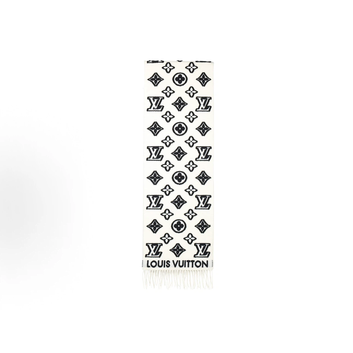 Cream‑Black Monogram Reversible Fringed Winter Scarf
