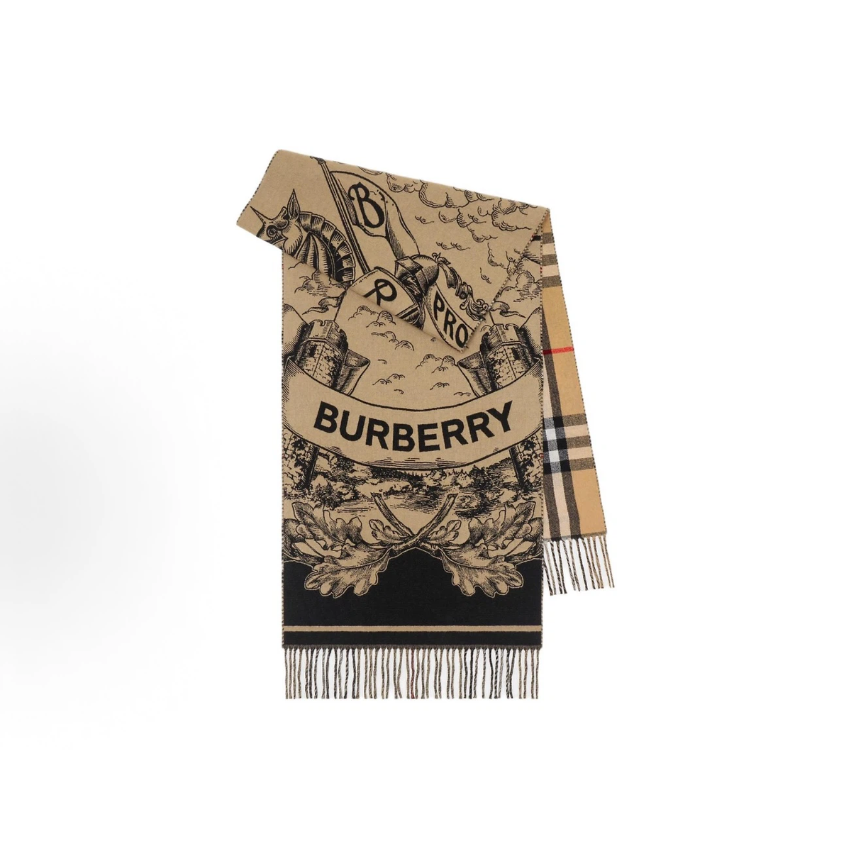 Burberry Reversible Cashmere Scarf | Crest B‑Monogram Equestrian Heraldic Print Classic Check Double‑Sided Fringed Shawl, Luxury Winter Scarf for Men Women