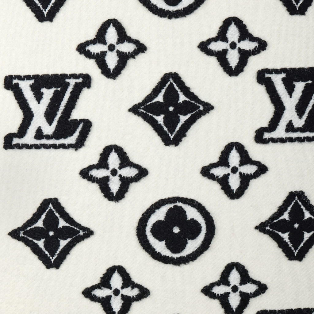 Cream‑Black Monogram Reversible Fringed Winter Scarf