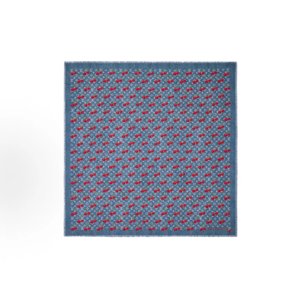 Denim Blue Cherry Print Fringed Square Shawl Scarf