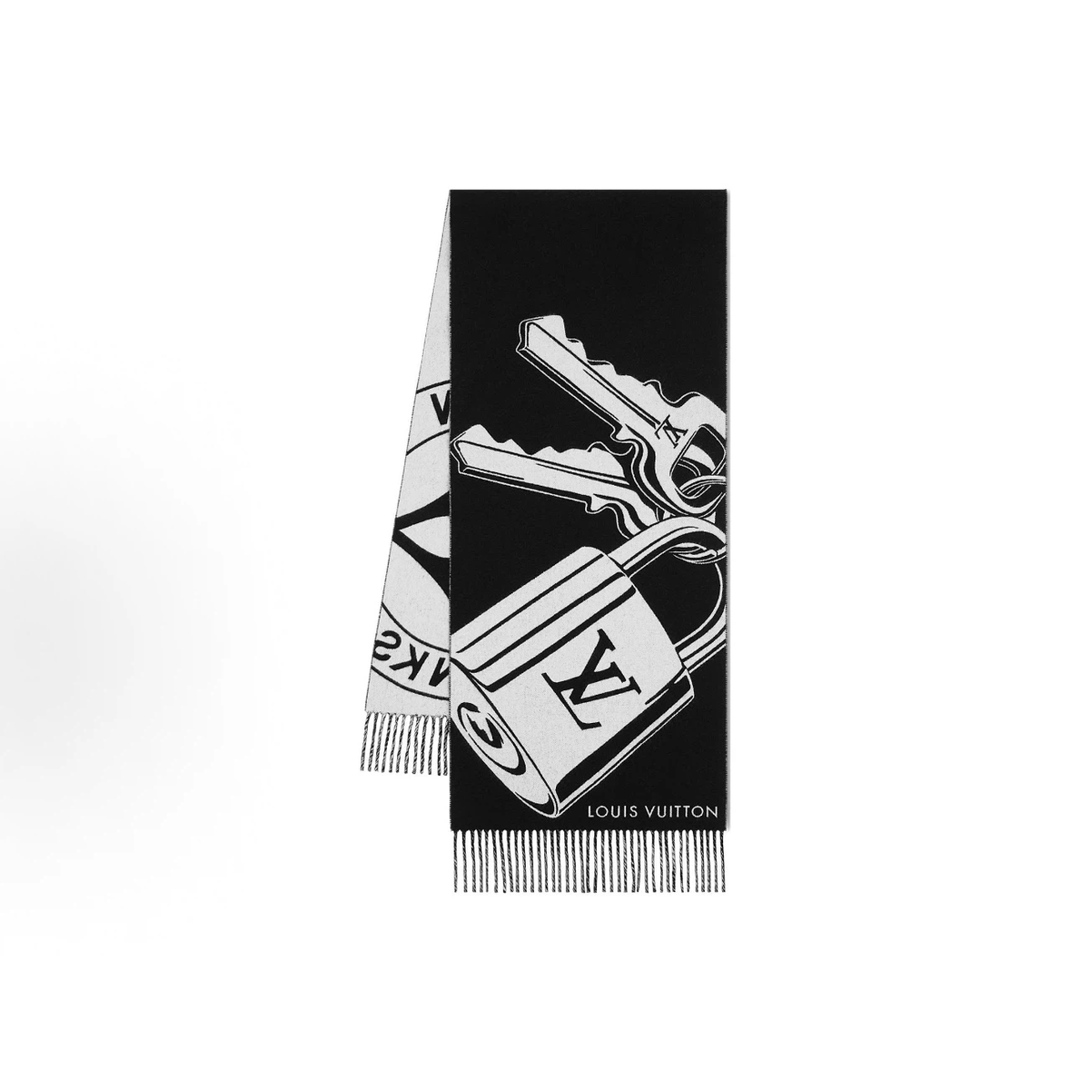 Black‑White Lock‑Key Graphic Reversible Winter Scarf