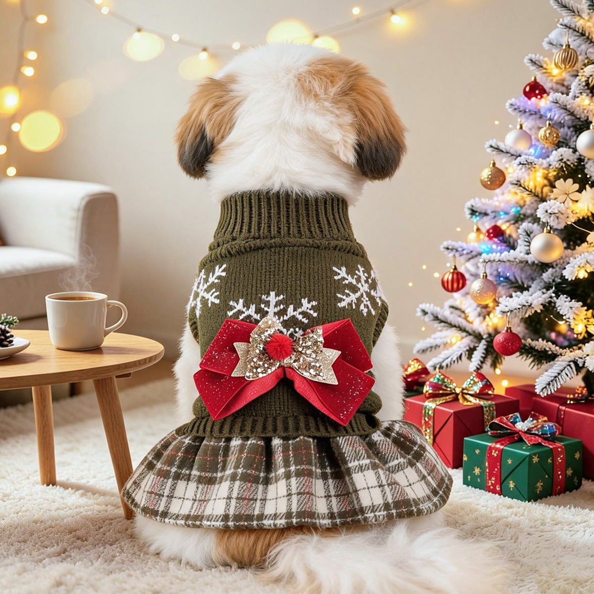 Christmas Bow Decor Dog Cat Knitted Dress