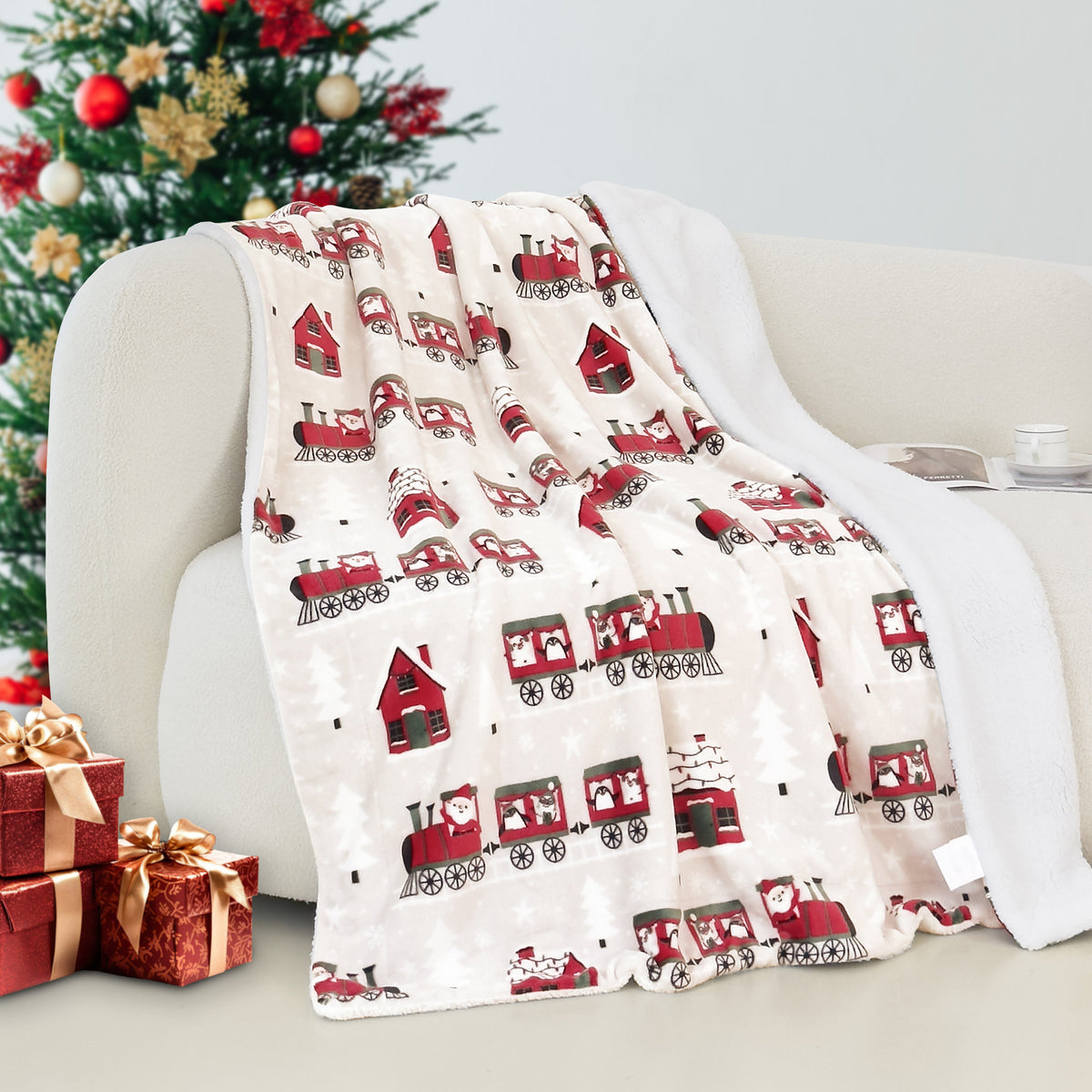 Mocassi Christmas Sherpa Throw with Flannel Fleece - 50 x 60 inches